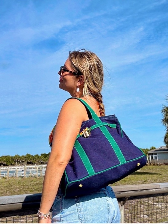 Navy Blue and Green Canvas Boatkin Tote Bag